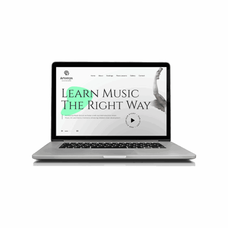 Artomya music school website mockup on laptop